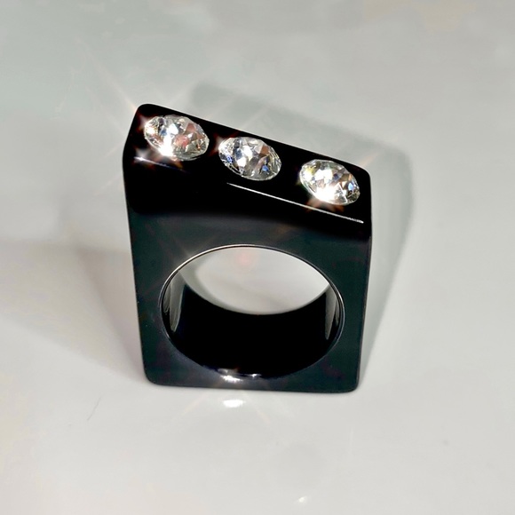 Black Acrylic Statement Ring Embellished With Genuine Crystals, Geometric Design - Picture 7 of 13